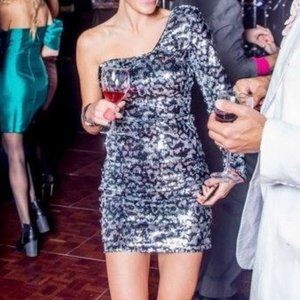 ASOS One Shoulder Sequin Black & Silver Mini Dress - Size 4